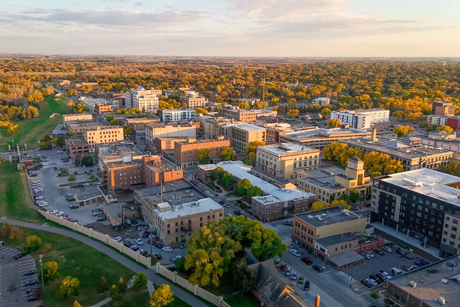A drone photo of downtown Grand Forks.
