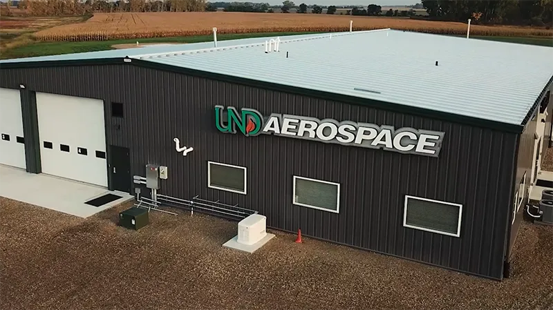 The Gorman Field UAS Test Site building with the UND Aerospace logo on the side of the building.