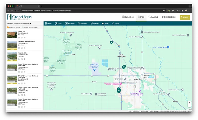 A screenshot of the interactive map that displays the available properties in the Grand Forks region.