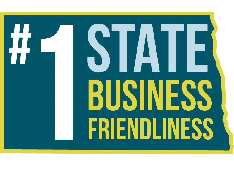 A graphic in the Shape of North Dakota that reads, "#1 state for business"