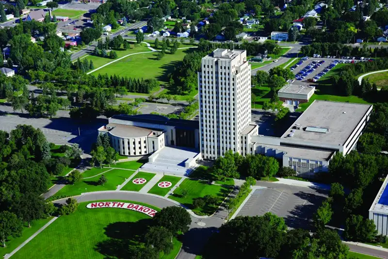 A birds eye view of the North Dakota Capitol Building in Bismarck.