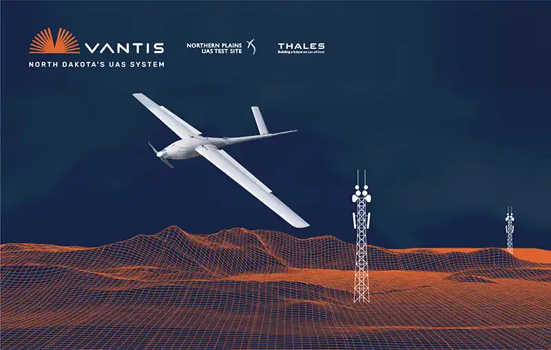 A graphic depicting a drone flying over lines that conceptualize the ground with towers in the fields.